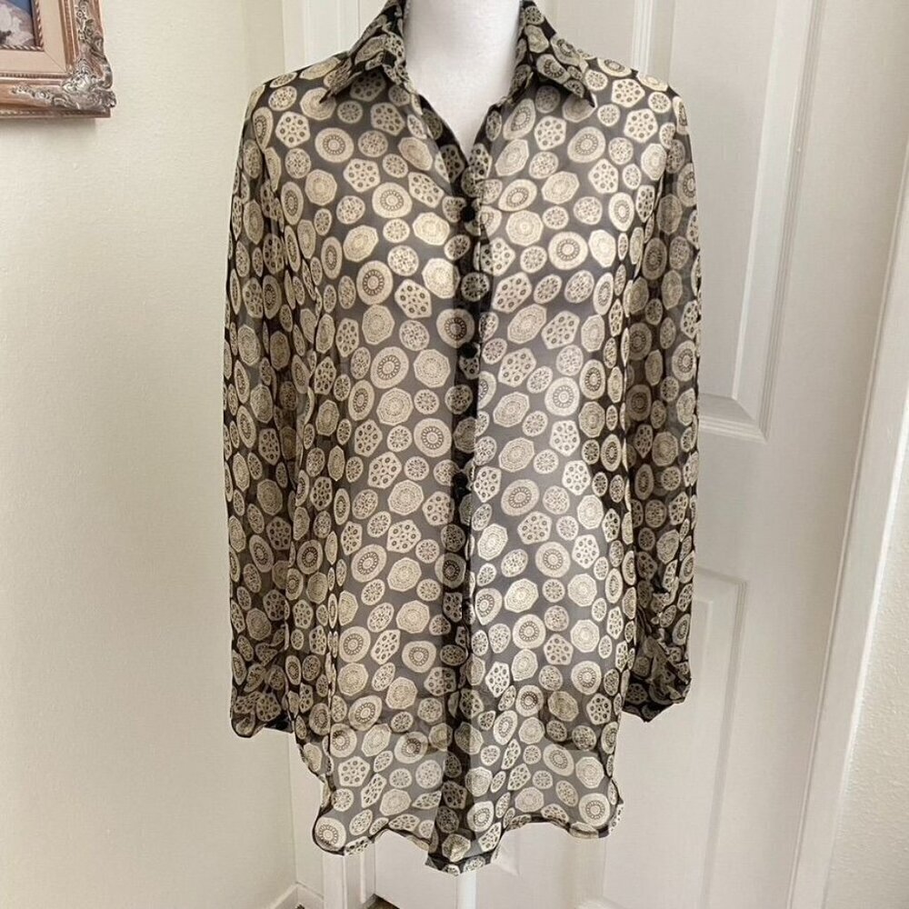 Sheer Mosaic Printed Blouse Collar Long Sleeve Workwear Size Med As Is